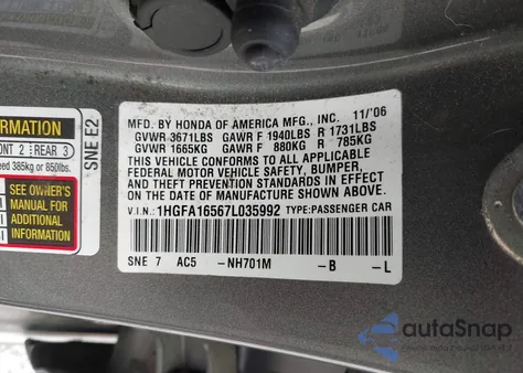 2007 Honda Civic Lx from USA, damaged, VIN 1HGFA16567L035992